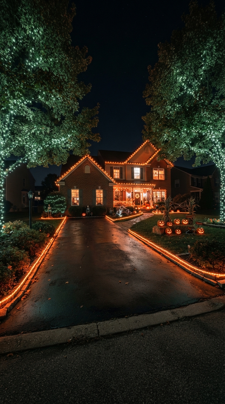 Orange and green layered lighting on a Halloween driveway