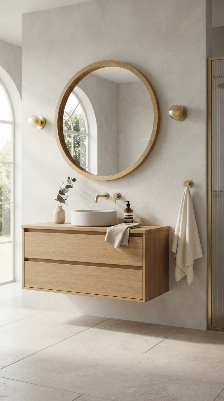Oversized round mirror above a floating bathroom vanity.