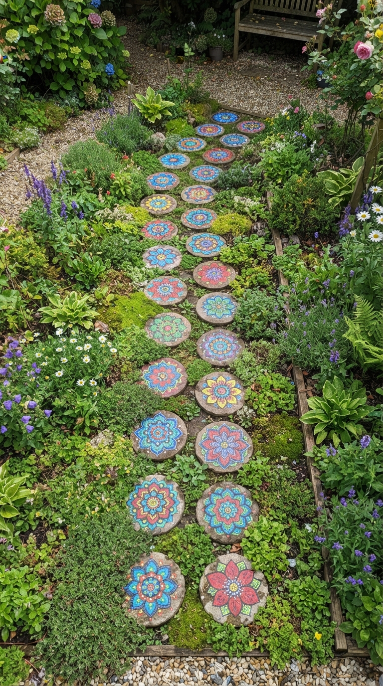Hand-painted mandala stepping stone path through a whimsical hippie garden