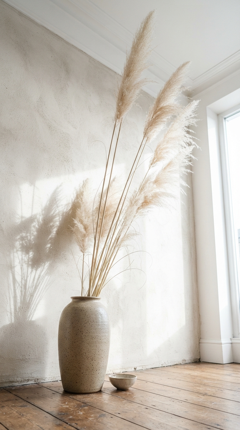 Dried pampas grass vase styled in a fall bedroom corner