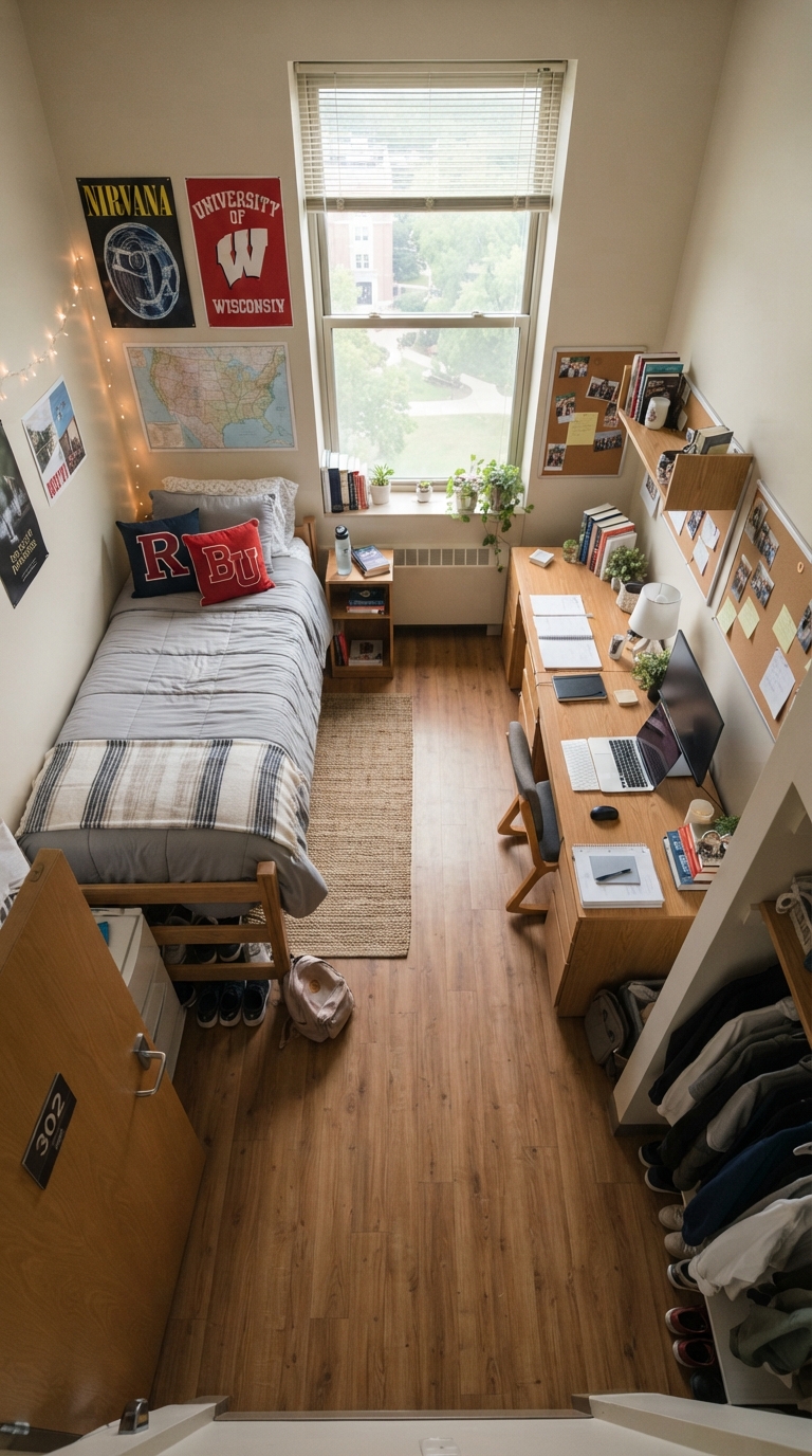 Dorm room with bed and desk placed on opposite walls creating a clear center walkway