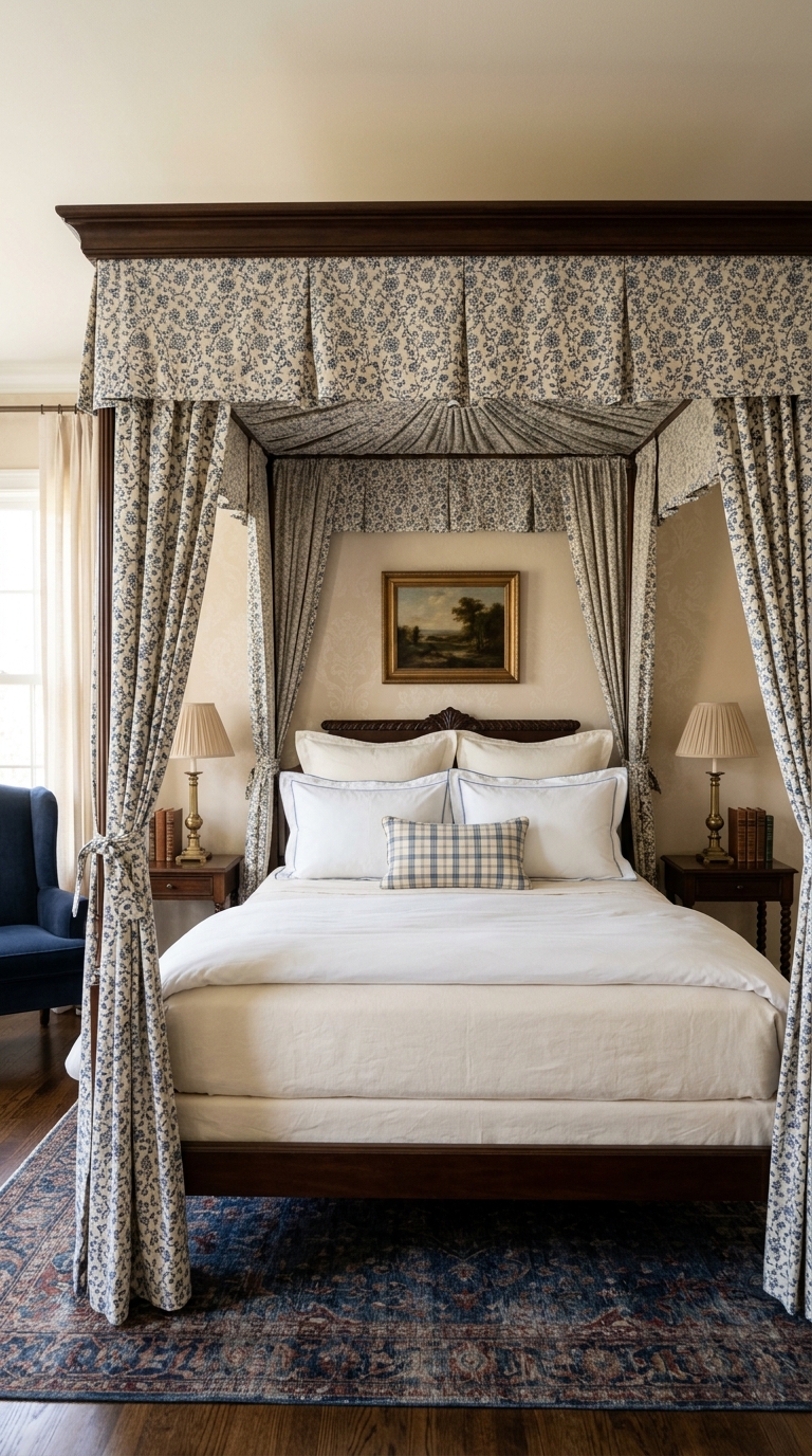 Patterned fabric canopy bed in a traditional style bedroom