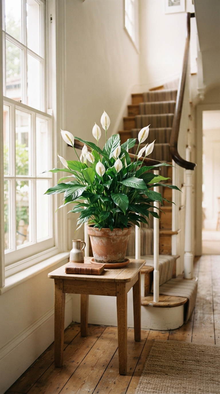 Peace lily with white blooms styled on a sunny staircase landing