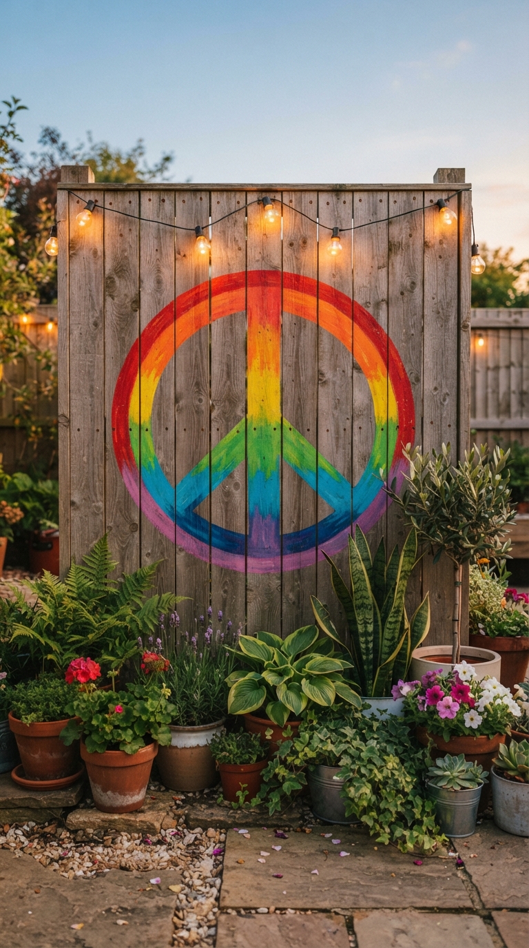 Hand-painted rainbow peace sign on a wooden fence in a whimsical hippie garden
