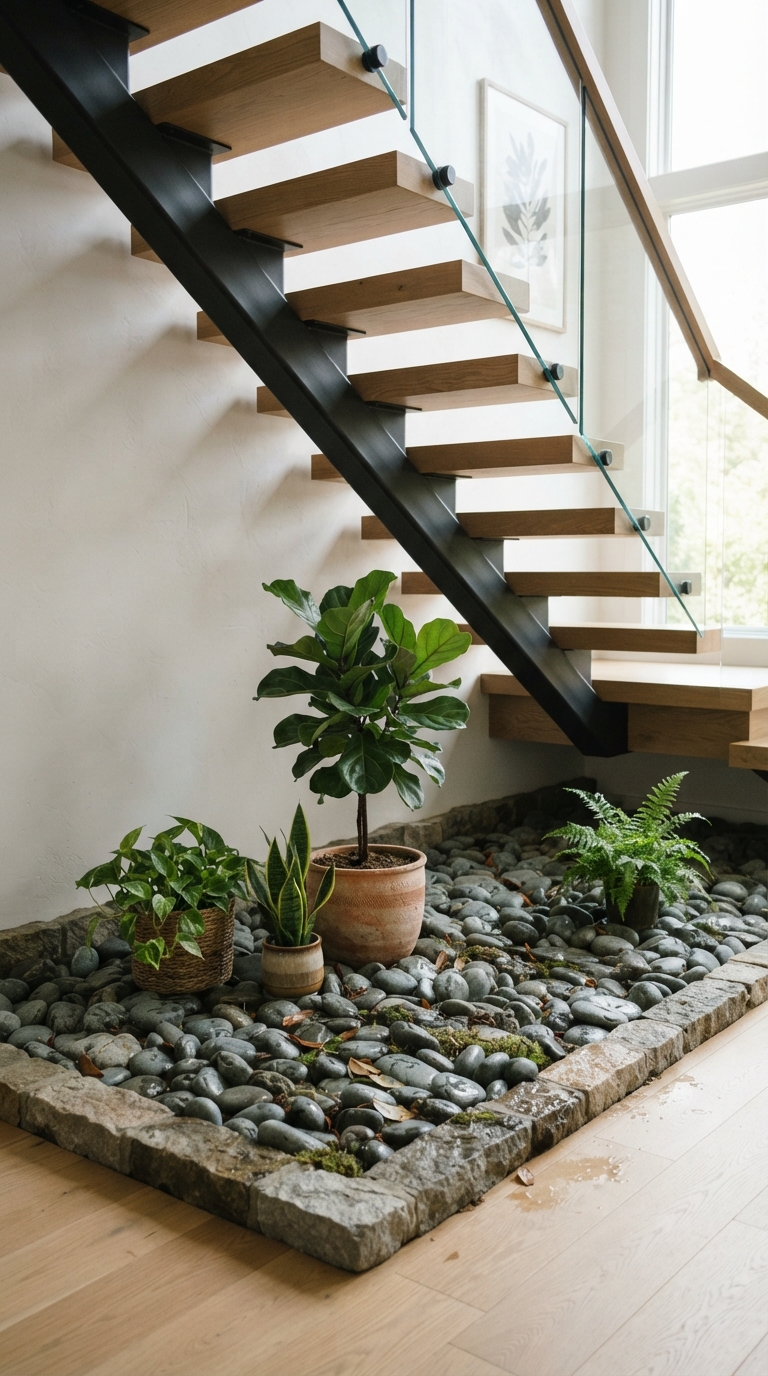 Small pebble garden styled under a staircase with potted plants