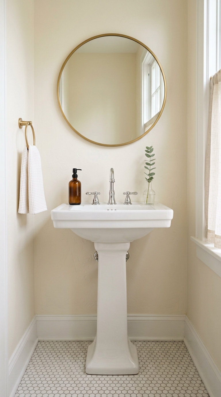 Small pedestal sink with simple counter decor