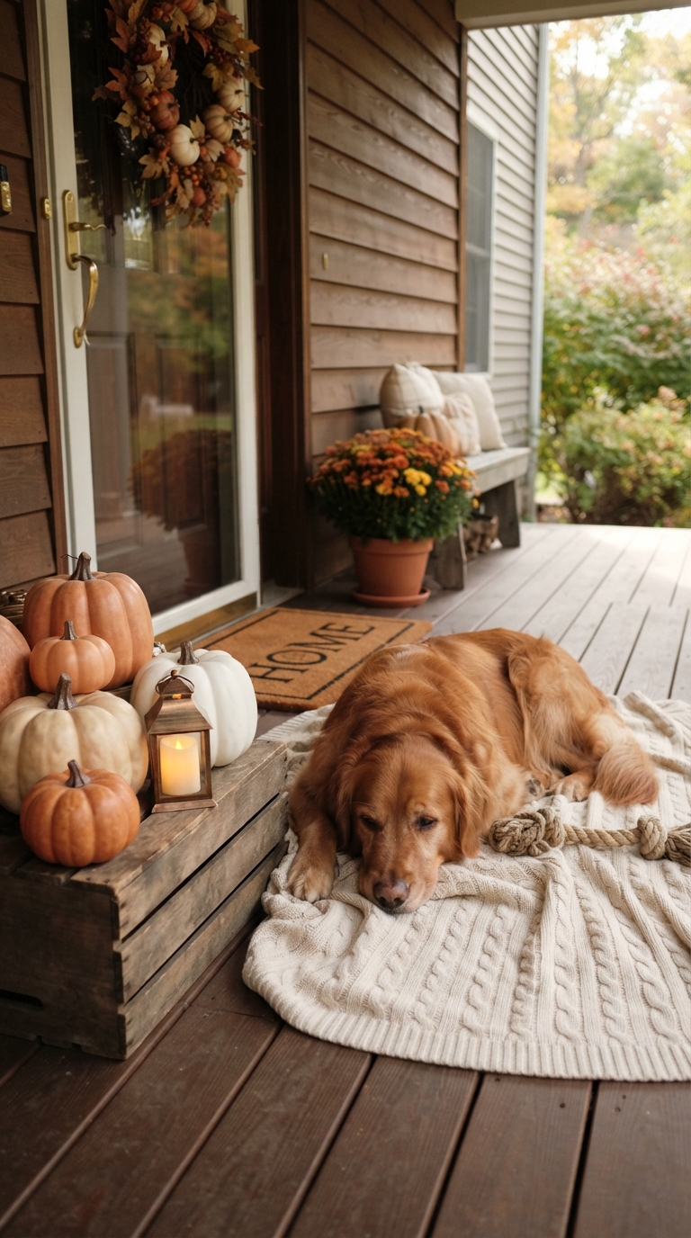 Pet-safe fall porch decor with faux pumpkins and battery lanterns near a resting dog