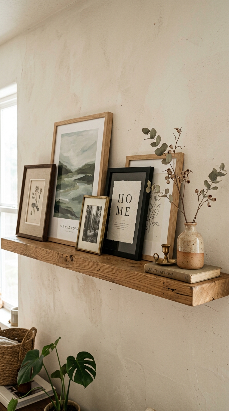 No-nail picture ledge gallery wall with leaning frames