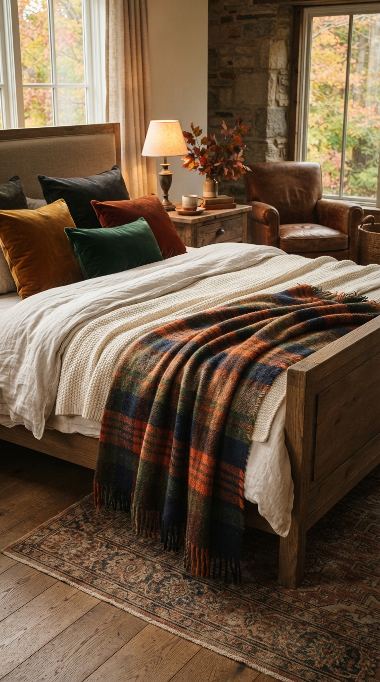 Deep autumn plaid wool throw draped over a bed in a moody fall bedroom