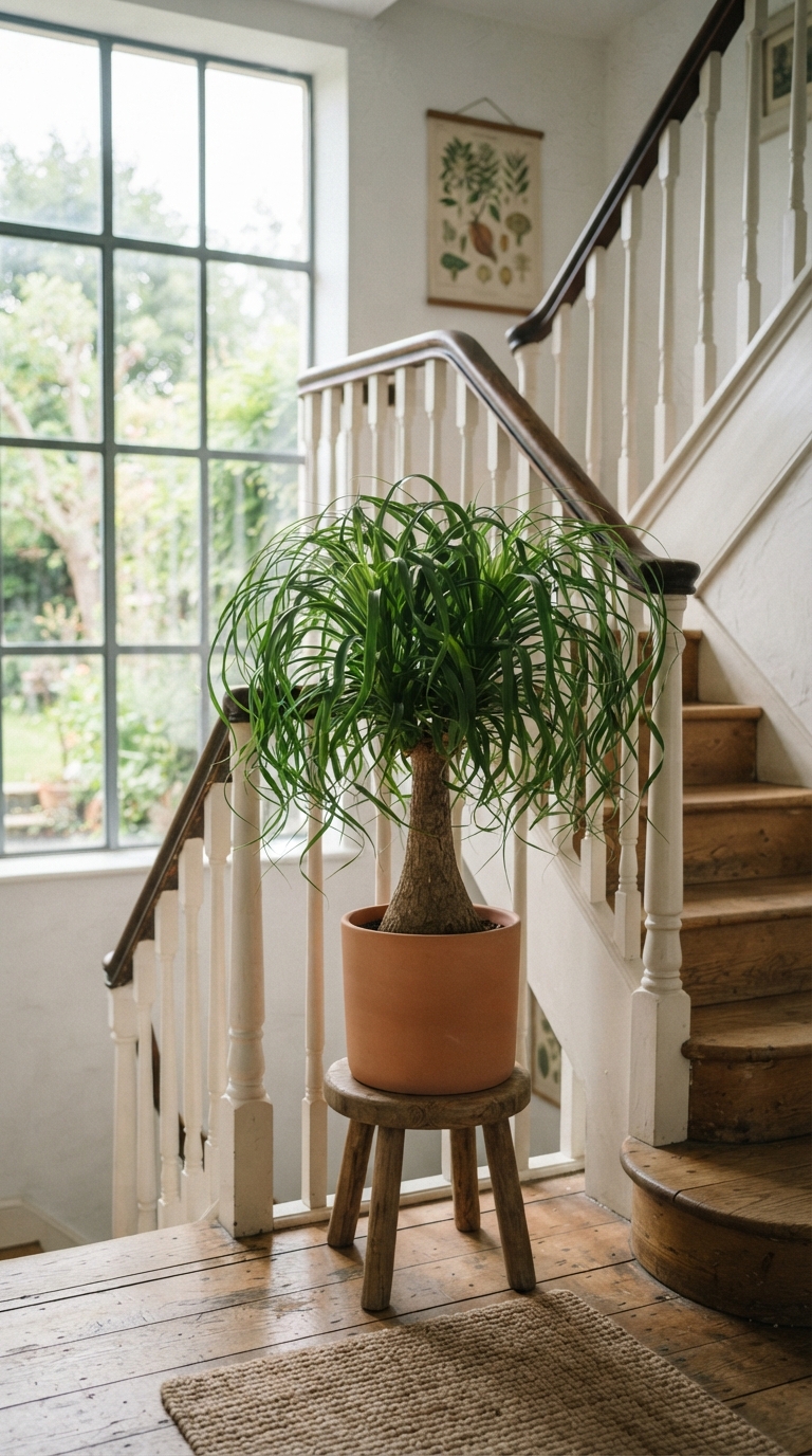 Ponytail palm styled as a statement plant on a staircase landing