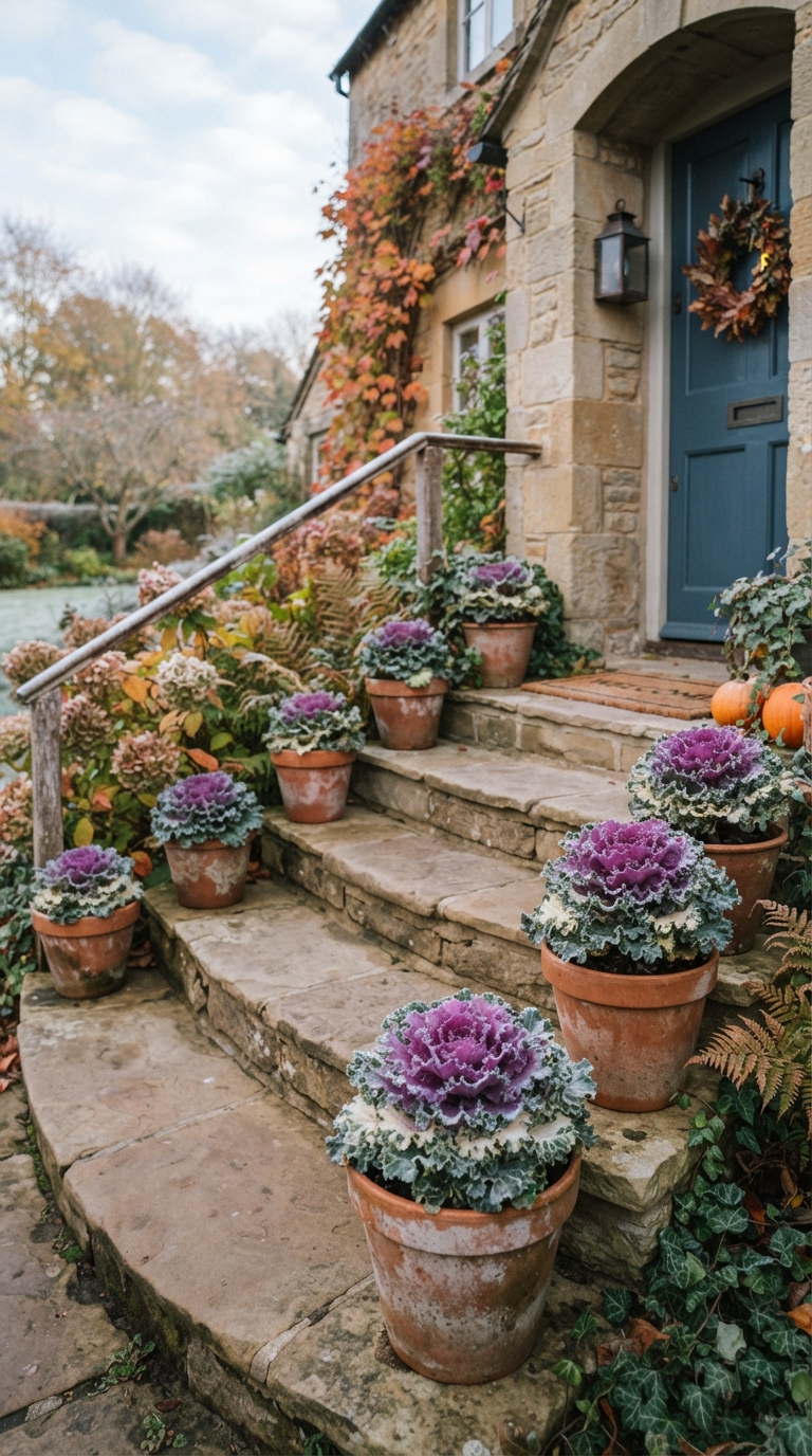 Potted ornamental kale lining porch steps for a fall color border