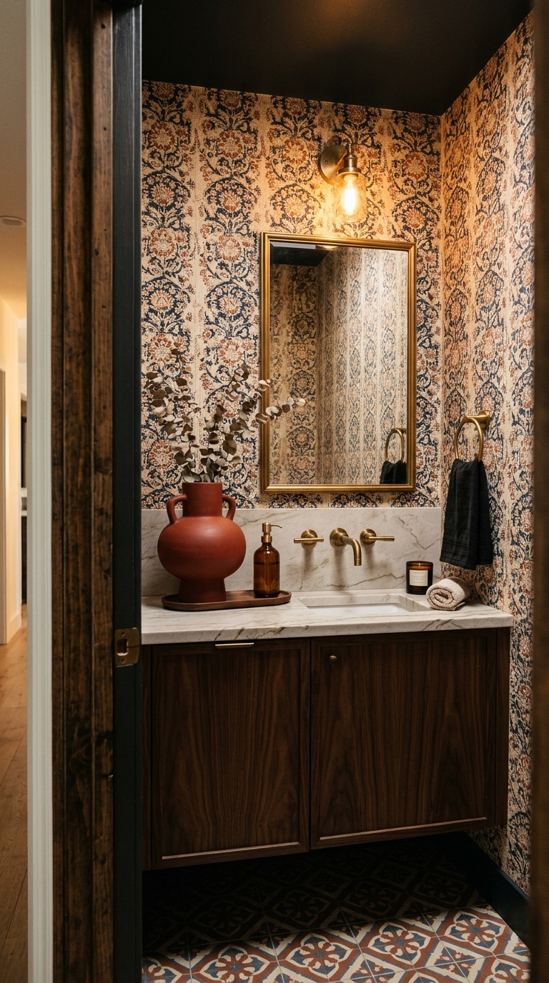 Stylish statement decor on a powder room counter