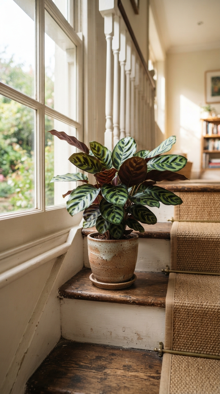 Prayer plant with patterned leaves styled on a staircase step