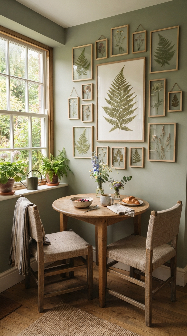 Pressed flower and fern gallery wall in pine frames on a sage green kitchen nook wall