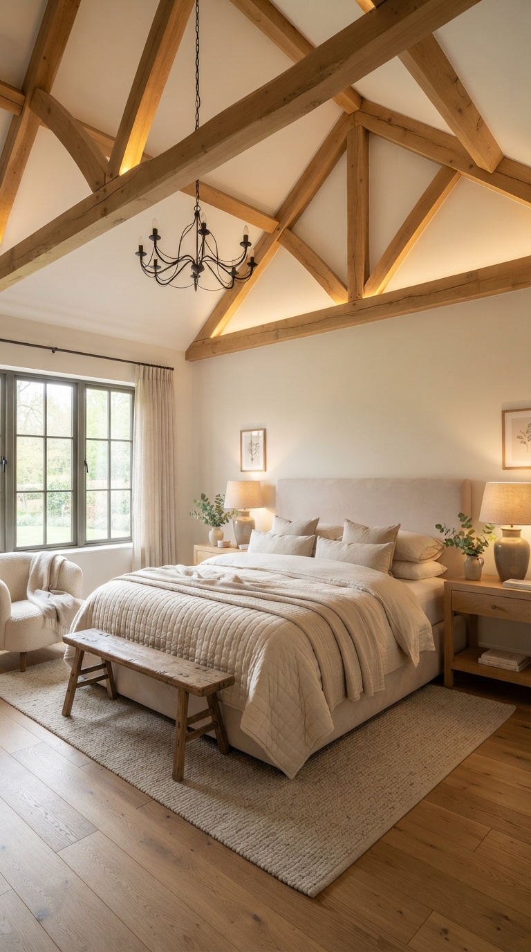 Collage of wood beams above the bed in a vaulted primary suite ceiling