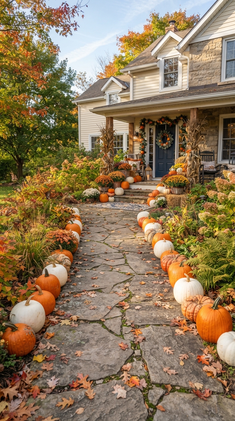White and orange pumpkins lining a stone walkway for fall outdoor decor