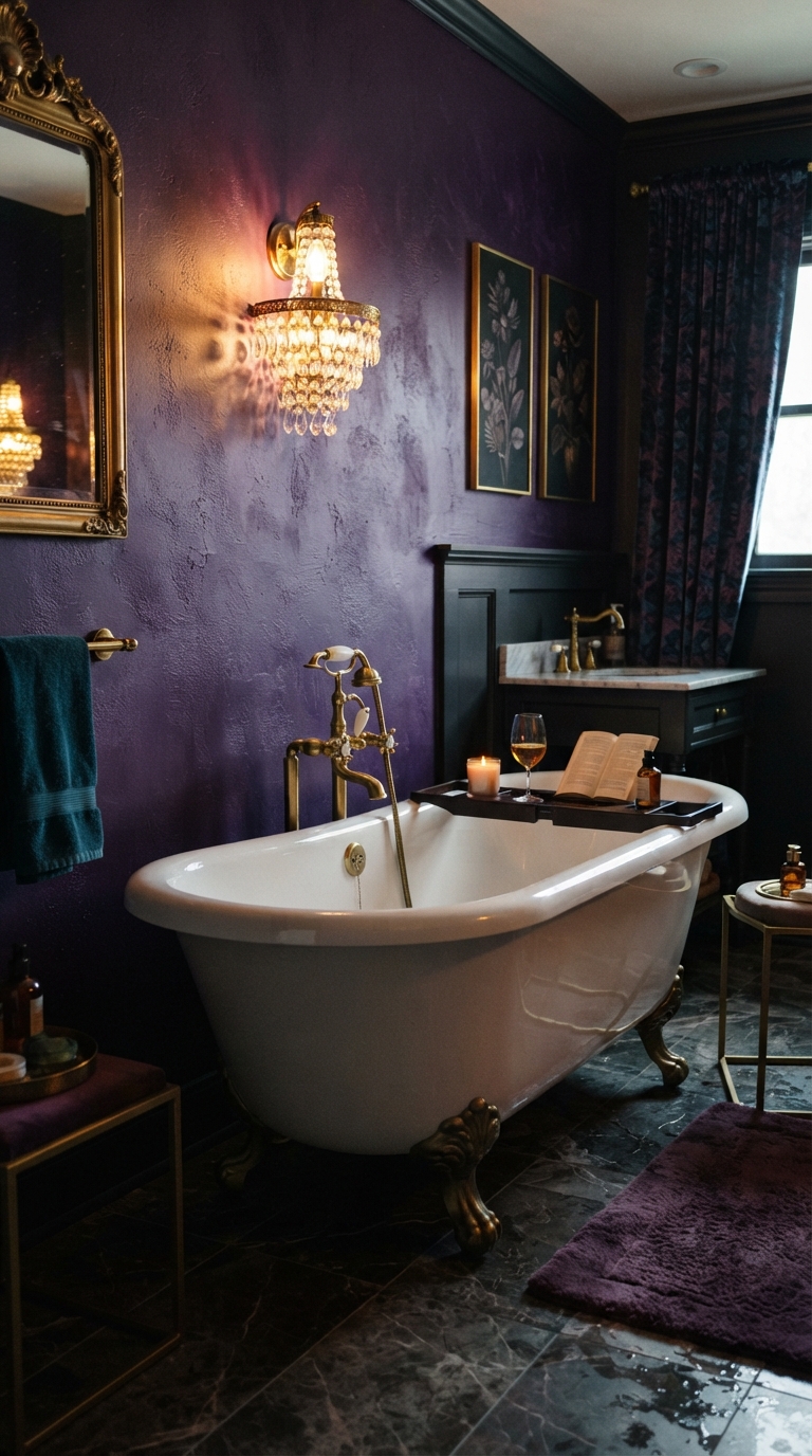 Purple jewel tone bathtub decor with brass and crystal accents