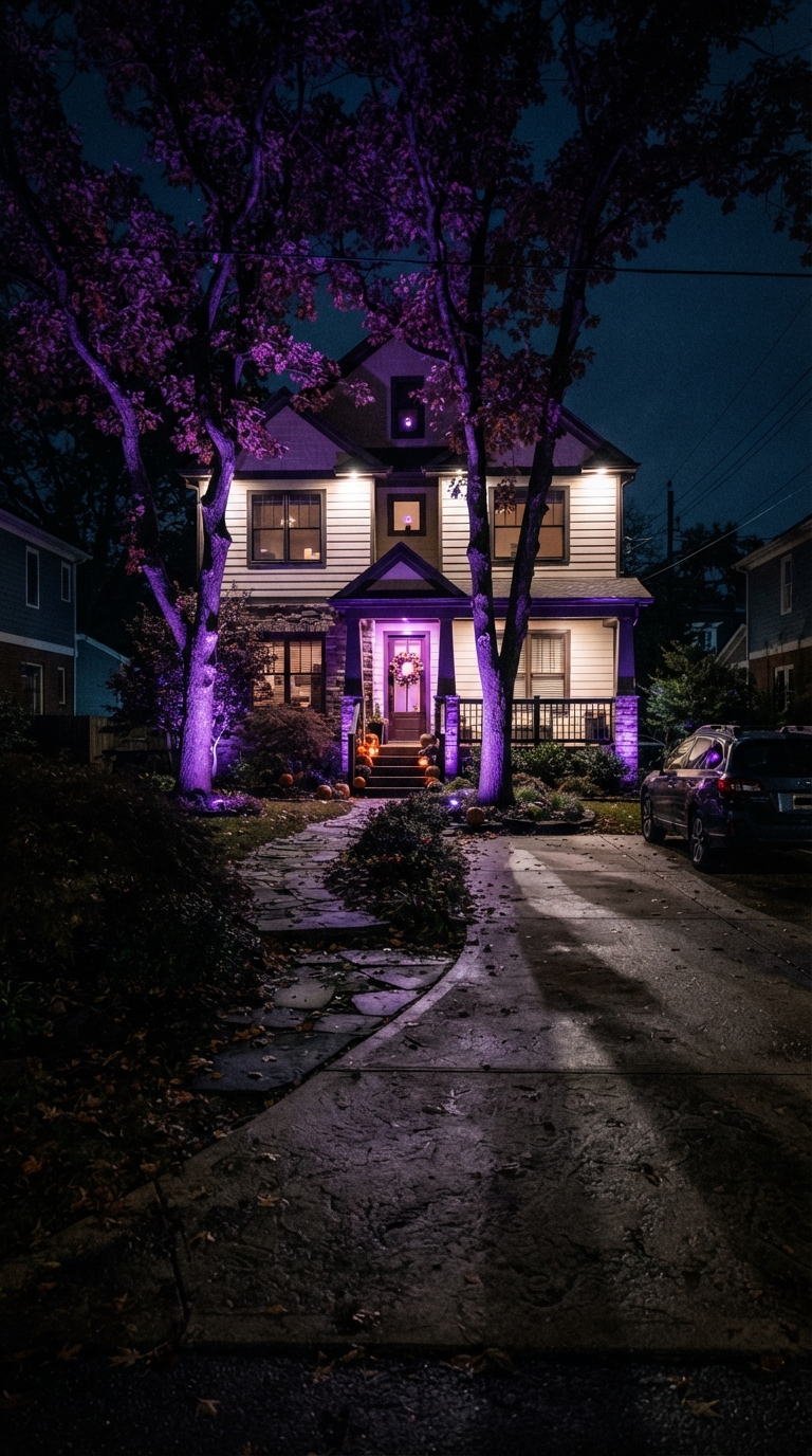 Purple uplighting creating a ghostly glow on a Halloween driveway