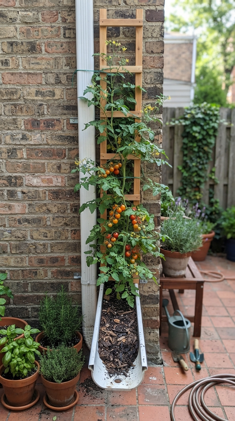 Vertical rain gutter planter with tomato plant climbing a trellis on a patio