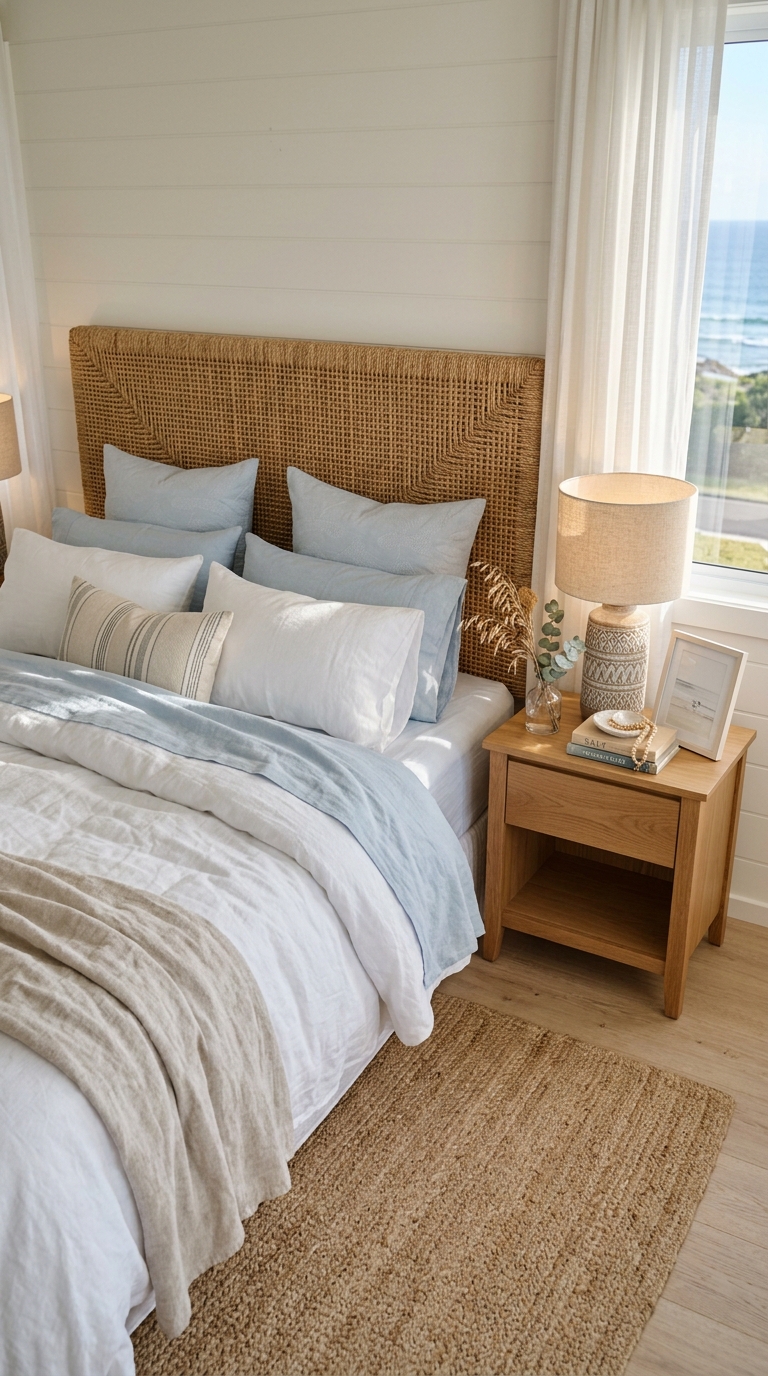 Rattan headboard warming a blue and white bedroom