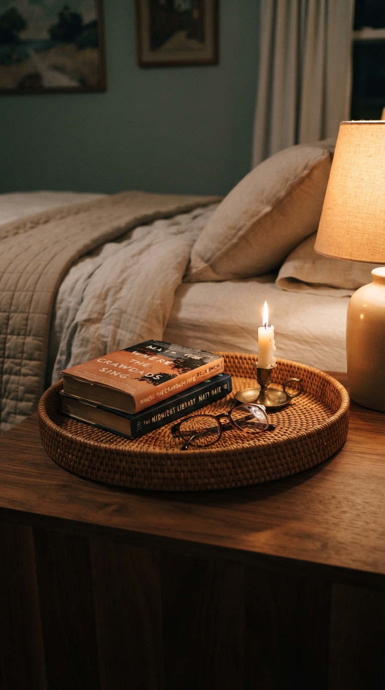 Rattan tray styled on a fall bedroom nightstand