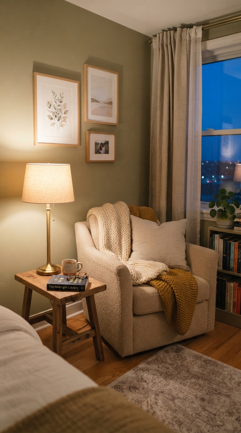 Cozy corner gallery wall behind a bedroom reading nook