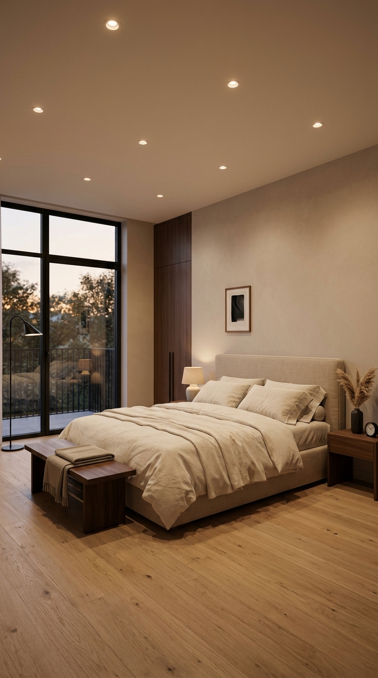 Minimalist bedroom with recessed ceiling lighting and warm ambient illumination