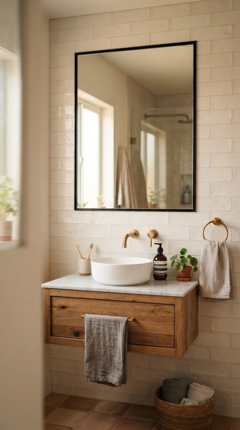 Recessed medicine cabinet mirror above a small bathroom vanity