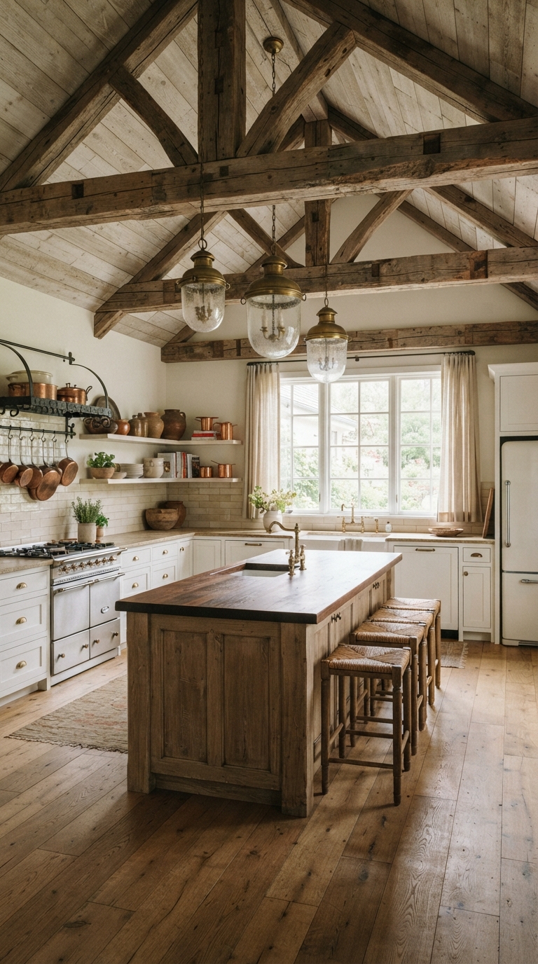 Collage of reclaimed barn wood beams on a vaulted farmhouse ceiling