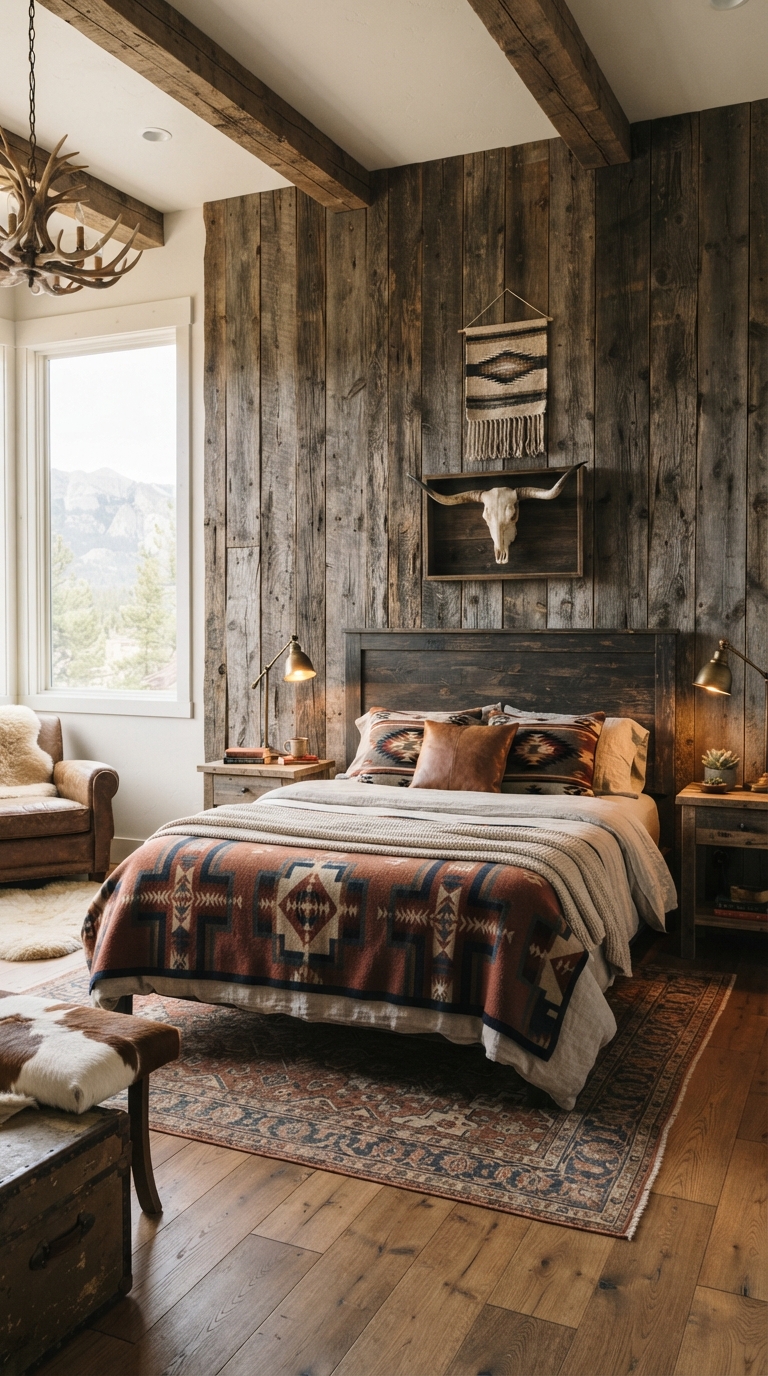 Reclaimed wood accent wall in a Western-style bedroom