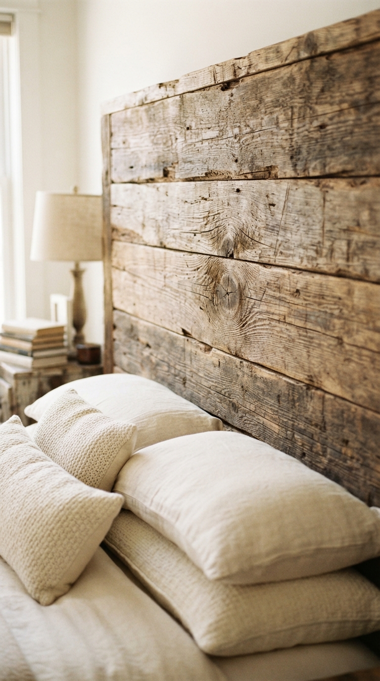 Reclaimed wood headboard in a cozy fall bedroom