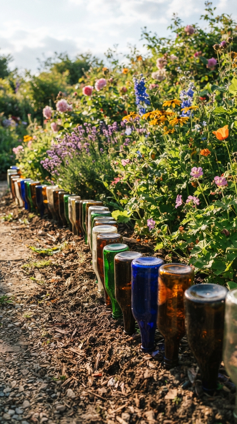 Colorful recycled glass bottle border edging a flower bed in a whimsical hippie garden