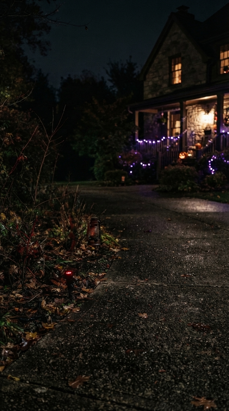 Red accent lighting highlighting a Halloween decoration on a driveway