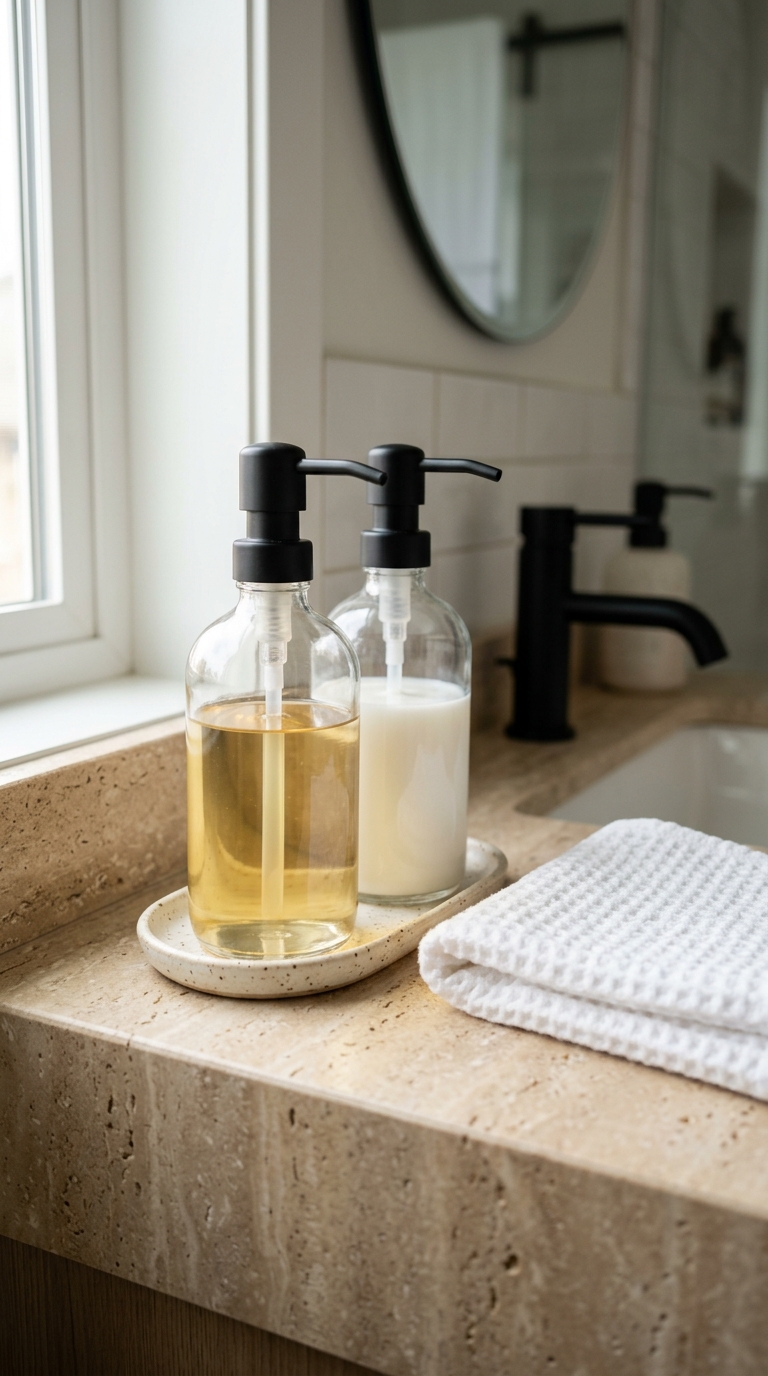 Refillable dispensers styled on a bathroom counter