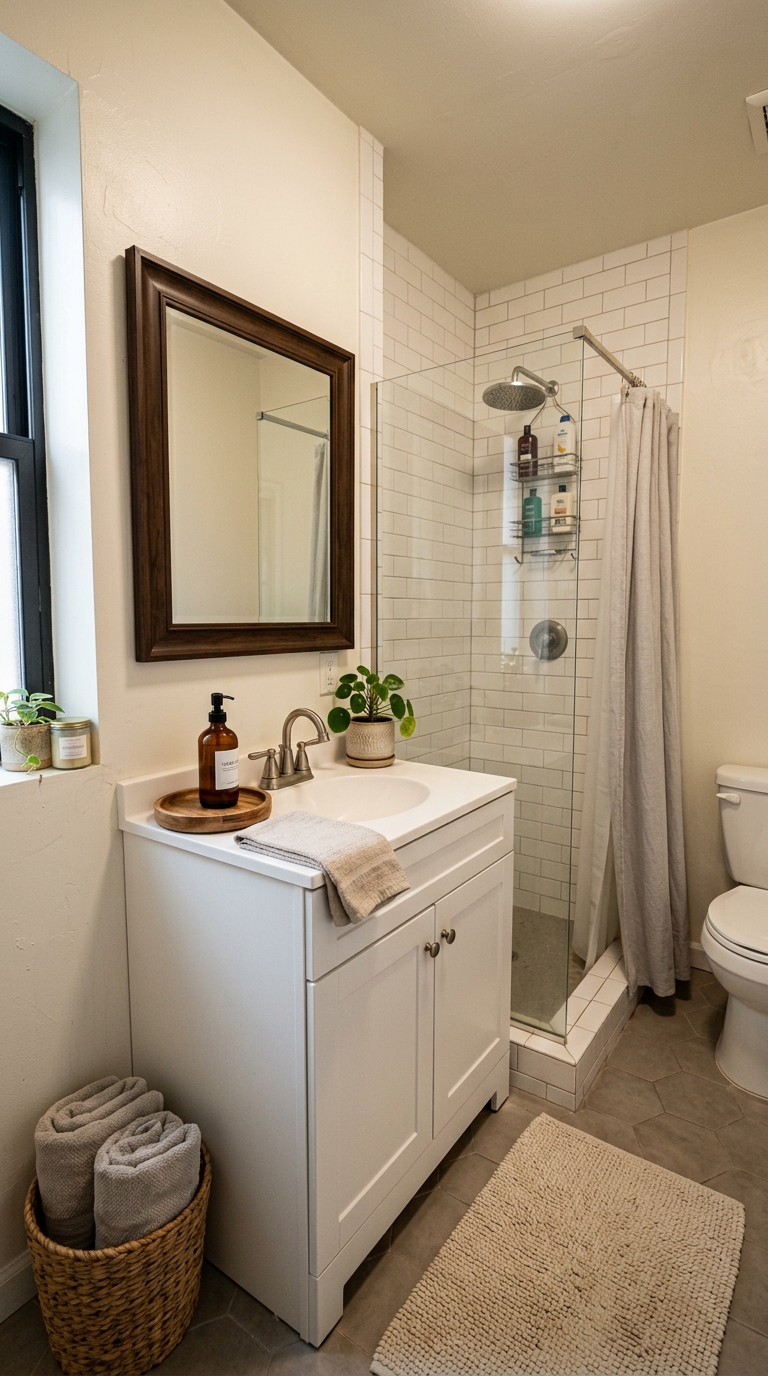 No-drill bathroom counter decor for renters
