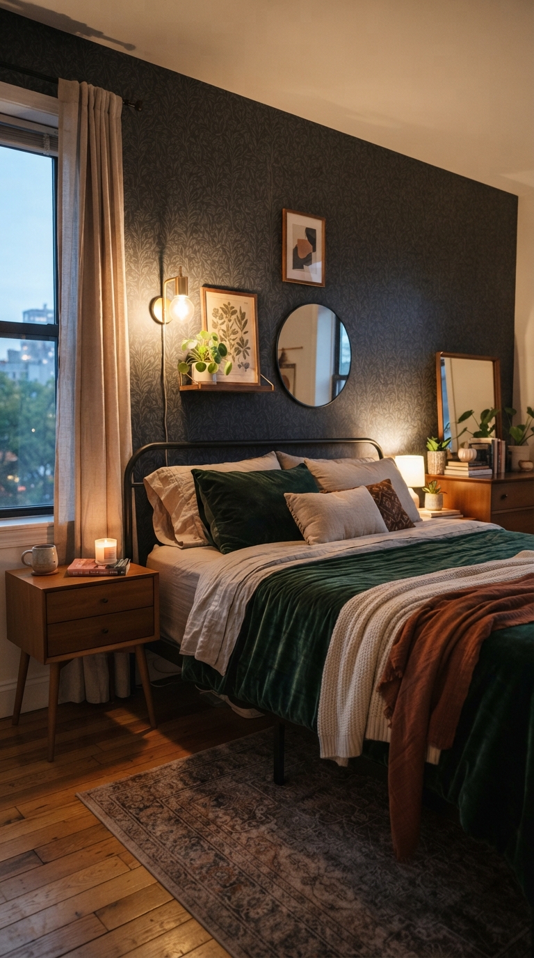 Renter-friendly moody fall bedroom styling using removable wallpaper and textiles