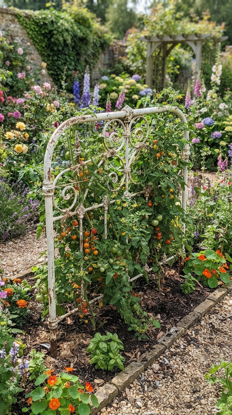 Repurposed metal bed frame trellis supporting climbing tomato vines