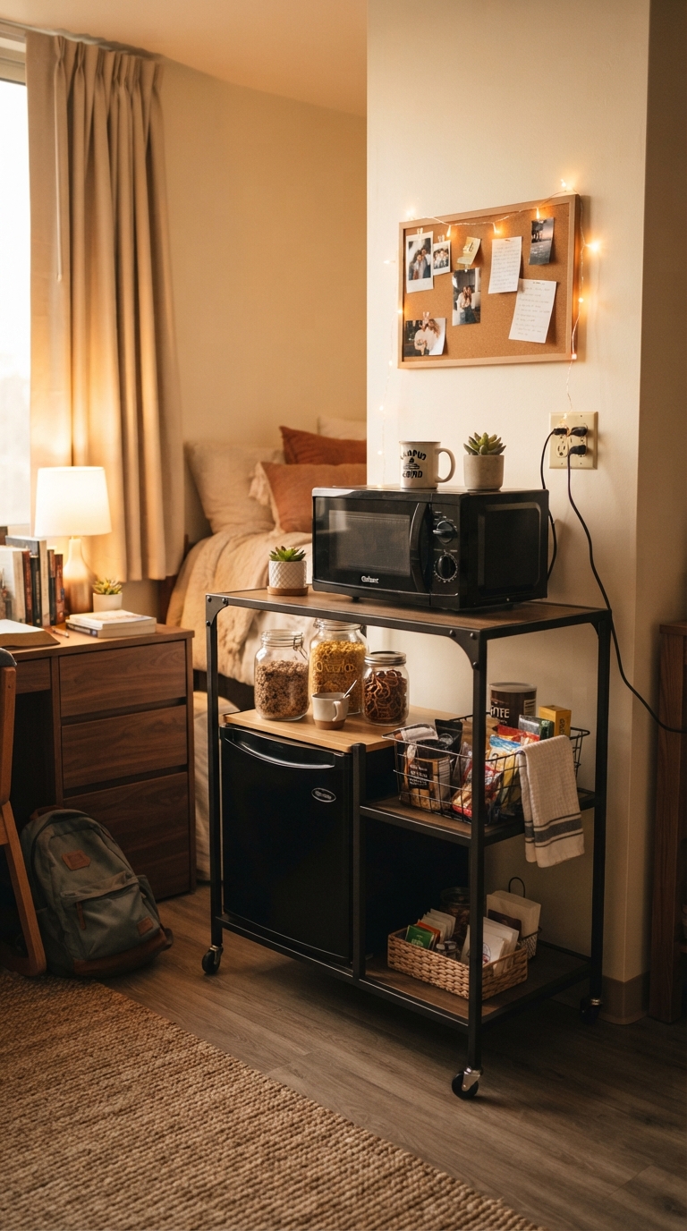 Rolling storage cart used as a mini kitchenette station in a dorm room