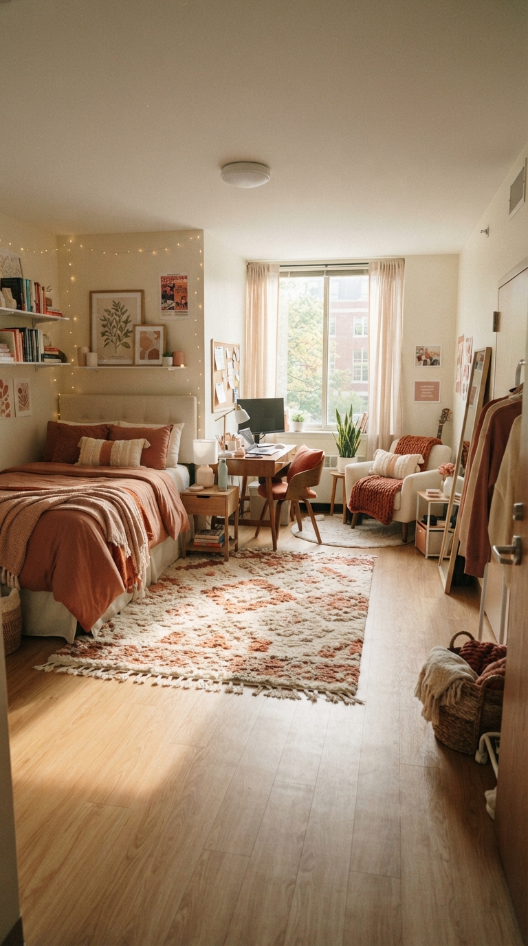 Area rug used to visually zone a small dorm room into separate areas