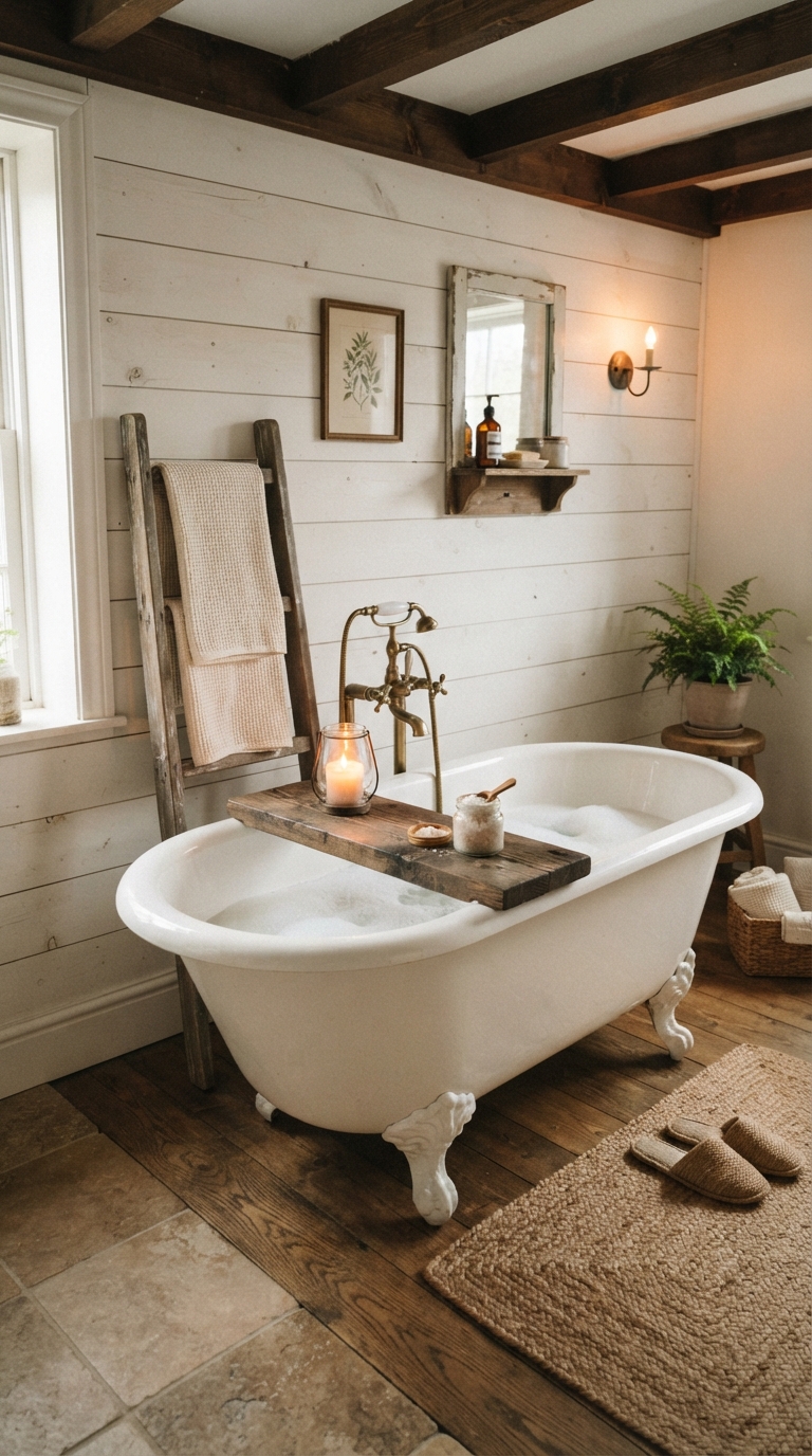Rustic farmhouse bathtub decor with wood ladder and tray