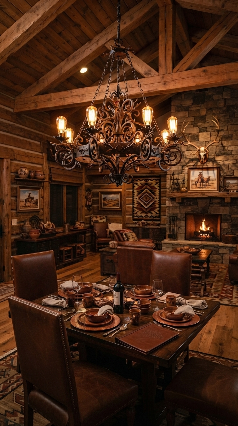 Rustic wrought iron lighting fixture in a Western-style room
