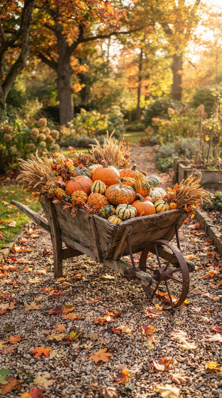 Rustic wheelbarrow filled with pumpkins, gourds, and wheat stalks for fall yard decor