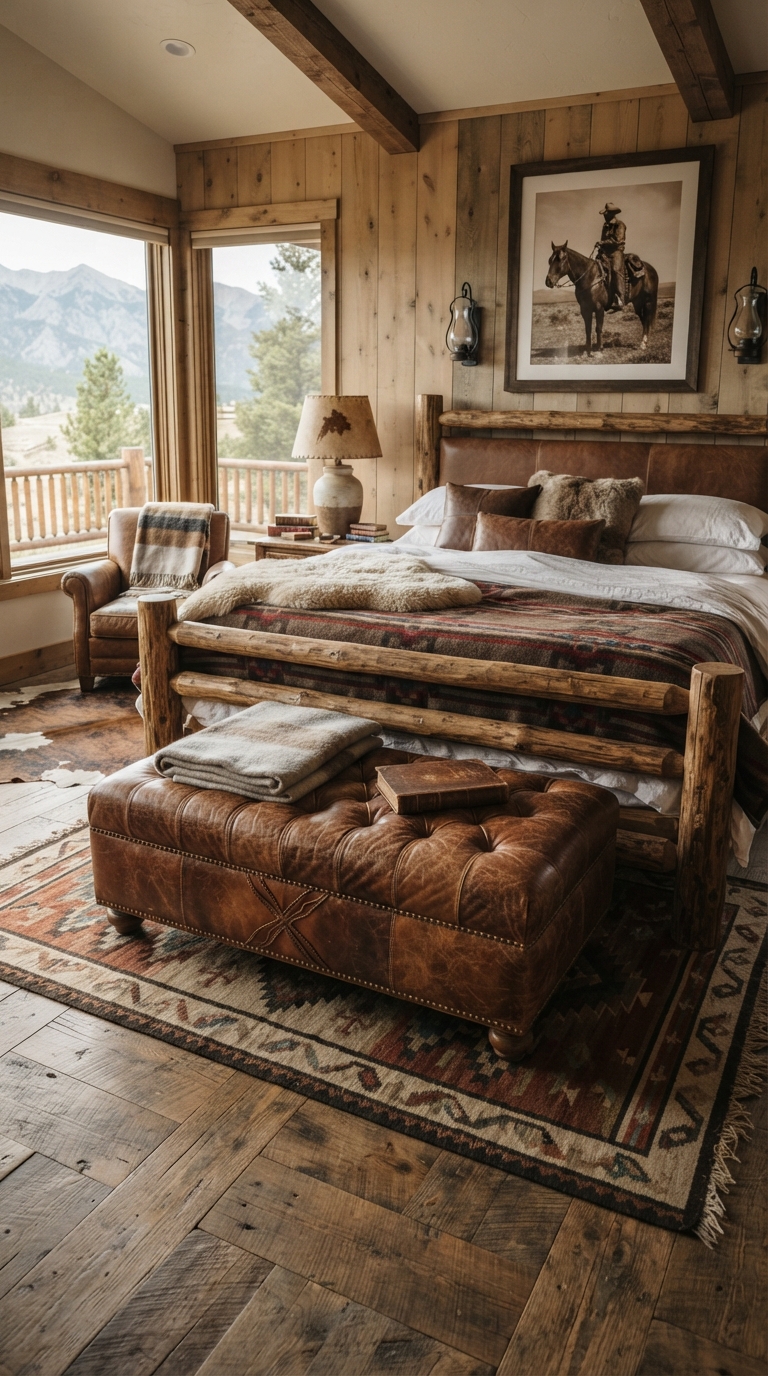Saddle-leather ottoman accent in a Western-style bedroom
