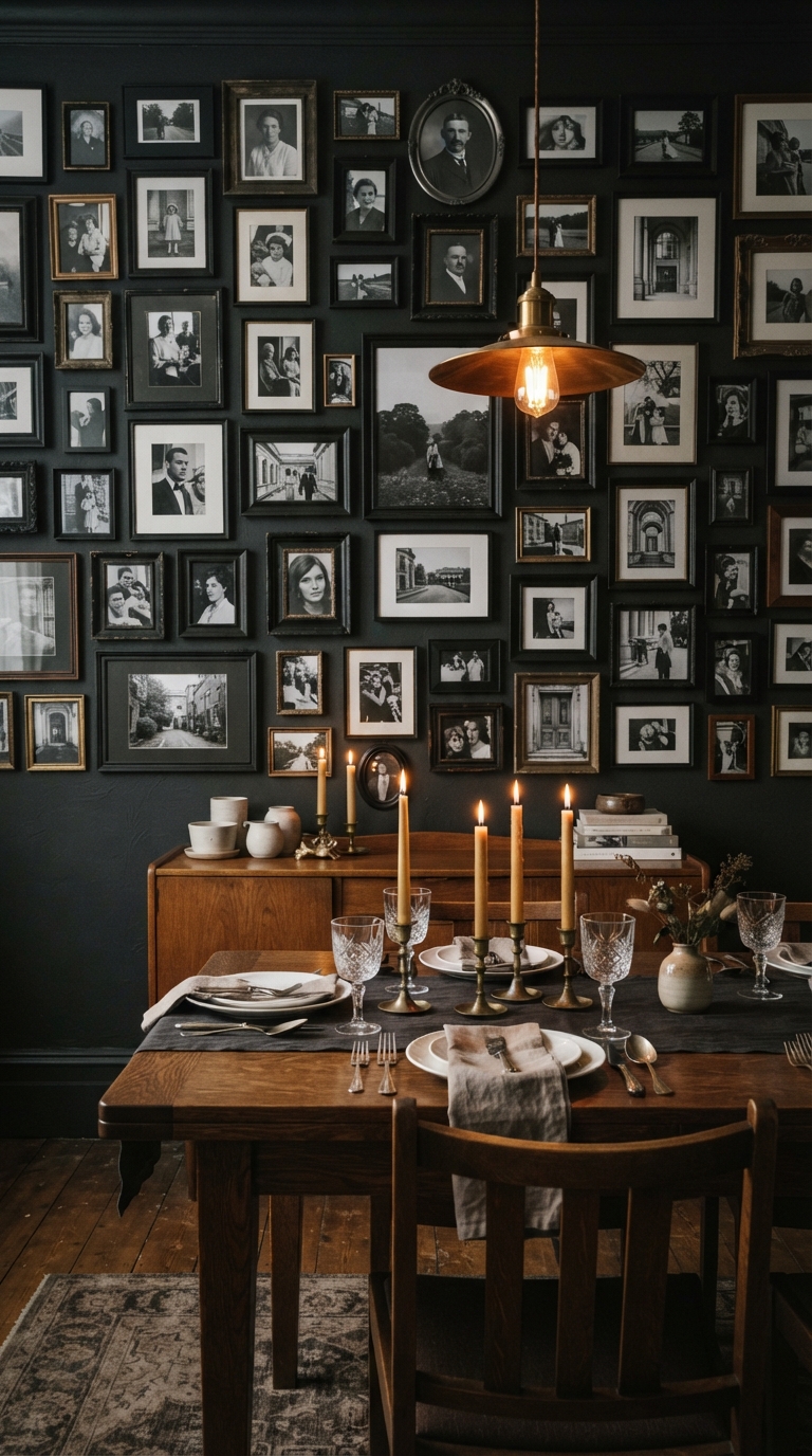 Salon-style black-and-white photo gallery wall on a charcoal dining room wall