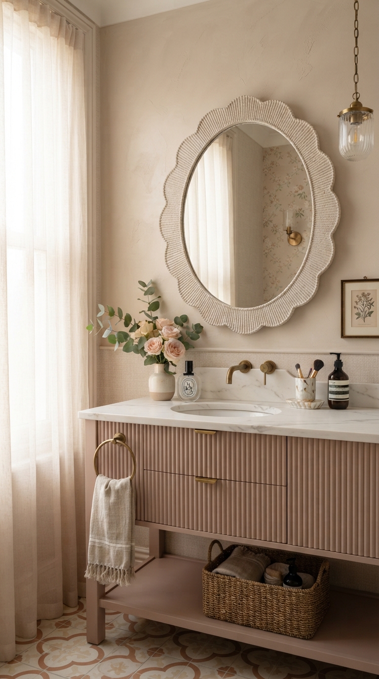 Scalloped fluted-edge mirror styled in a soft-colored powder room