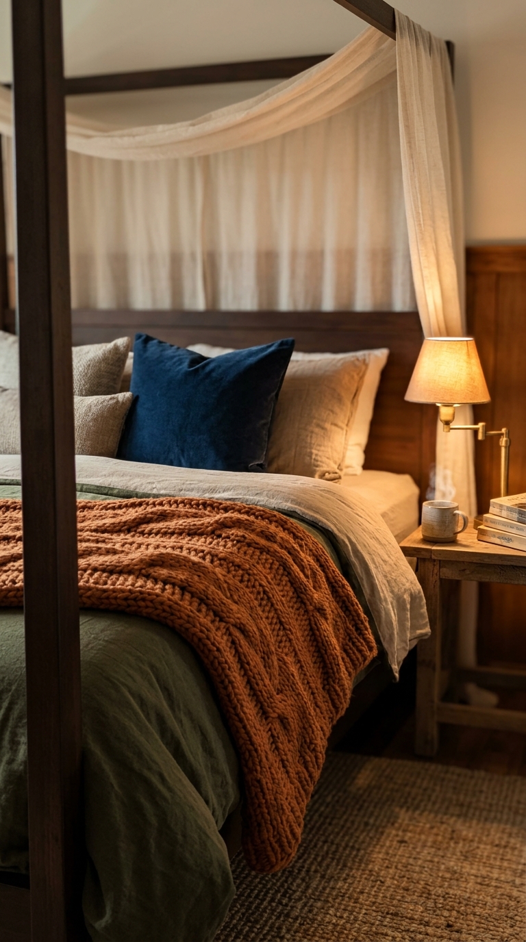 Canopy bedroom styled for fall with a knit throw and warm lighting