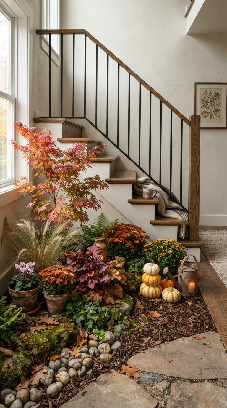 Seasonal mini garden styled under a staircase with autumn accent plants