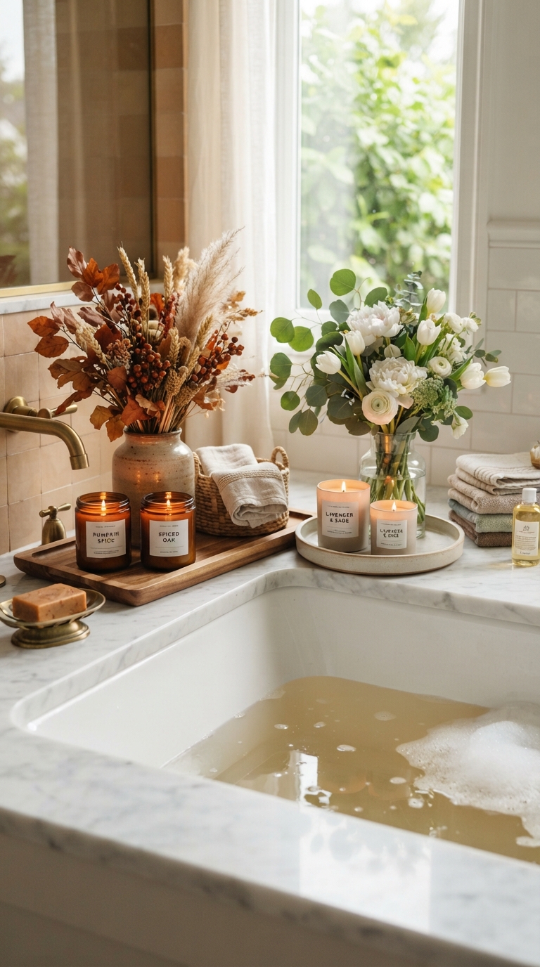 Seasonal refresh bathtub decor with rotating candle and florals