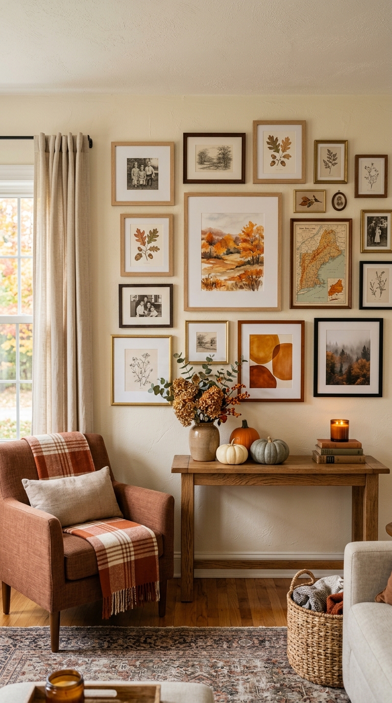 Seasonal rotation gallery wall styled with autumn-toned prints