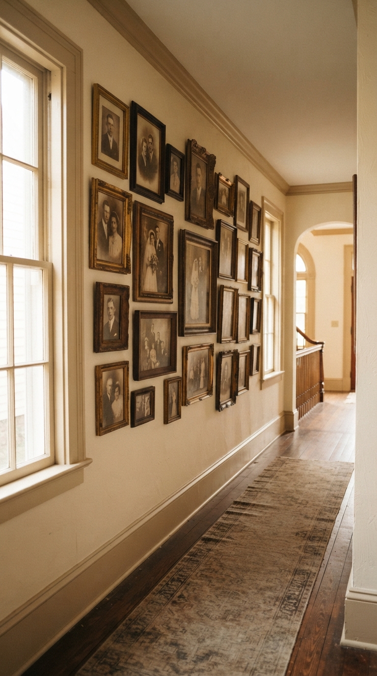 Sepia family portrait gallery wall in antique gold frames along a warm cream hallway